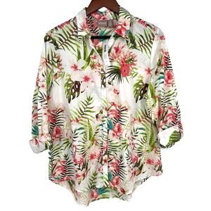 NEW Chicos Sz 1 MEDIUM 6/8 Tropical Beach Flamingo Blouse Shirt Top Summer Cute